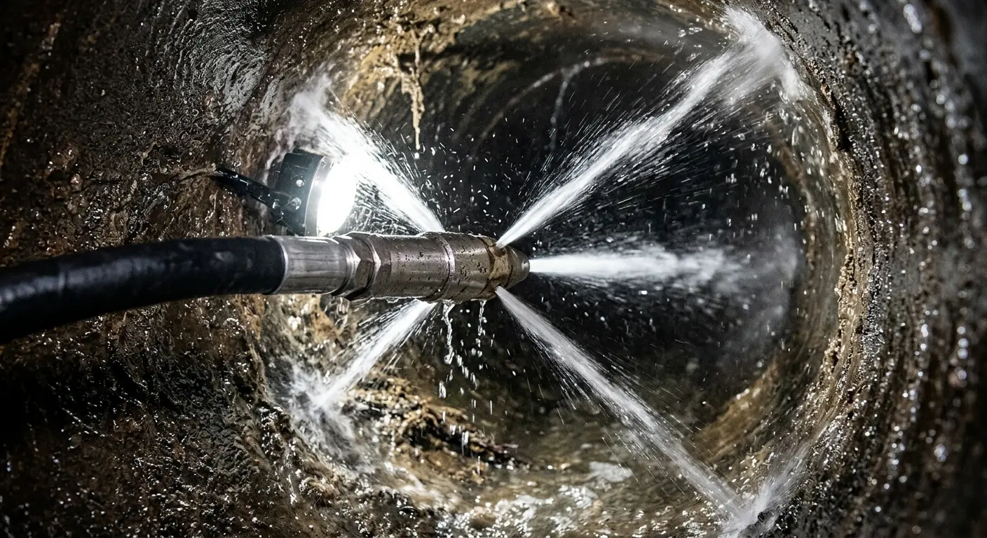 High-pressure hydro jetting nozzle cleaning sewer pipe for Sewer Cleanout in Guadalupe