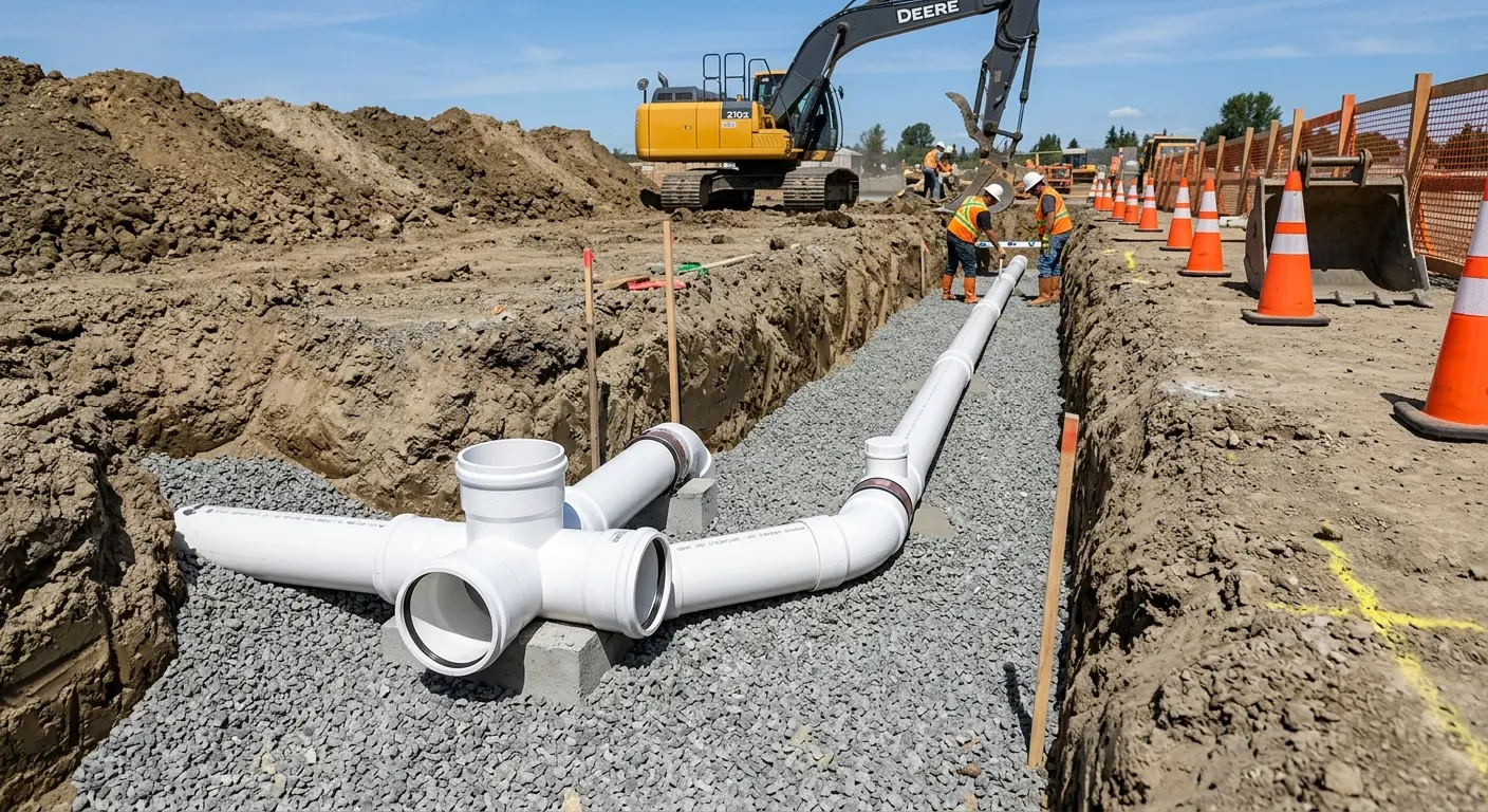 New PVC sewer pipe installation in open trench for Grease Trap Cleaning in Guadalupe