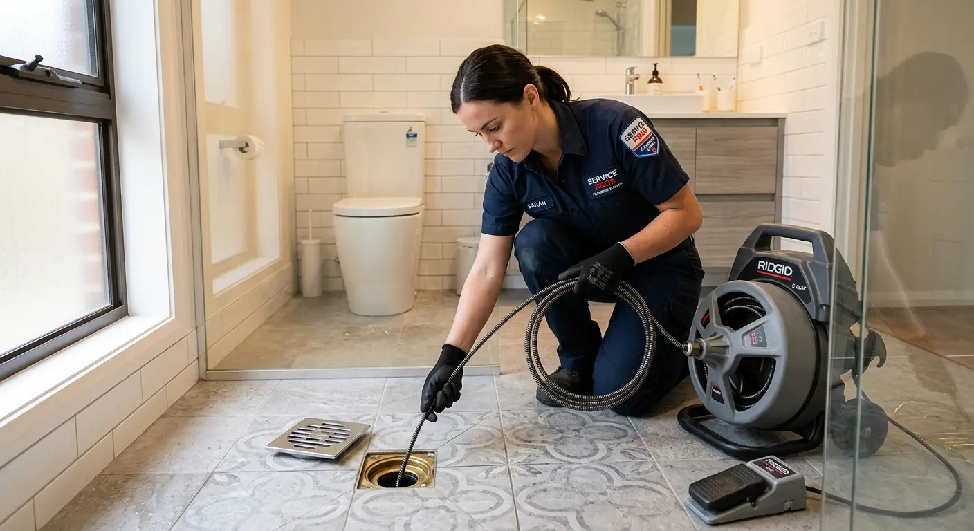 Technician clearing a bathroom floor drain for Drain Repair in Guadalupe